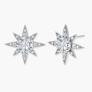 Sterling silver star-shaped stud earrings with brilliant moissanite center stones and pavé details on neutral background.