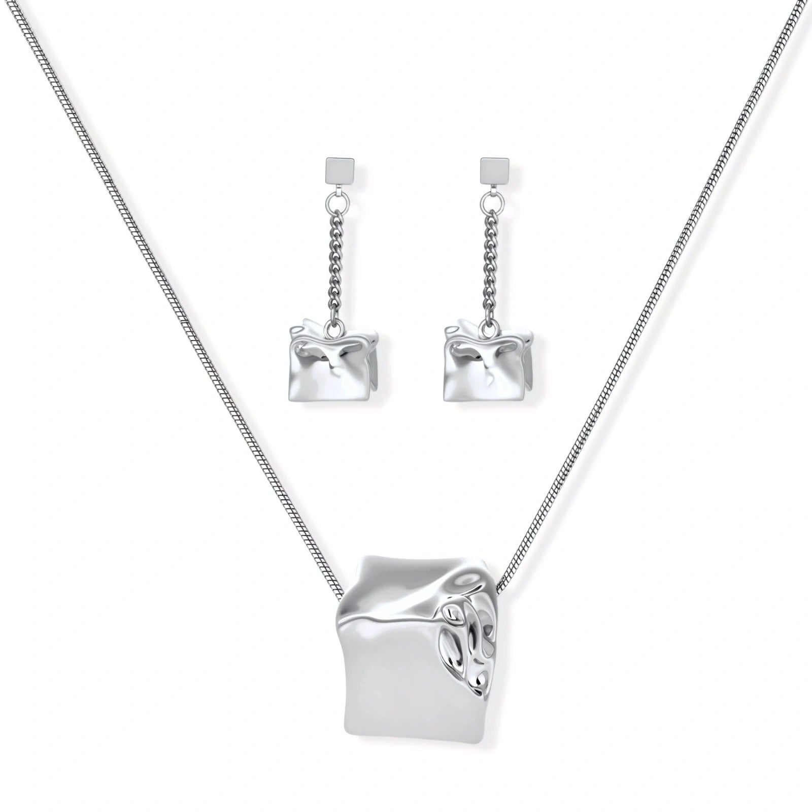 Geometric jewelry set with textured cube pendants on chains, featuring eco-zinc alloy in silver and gold finishes.