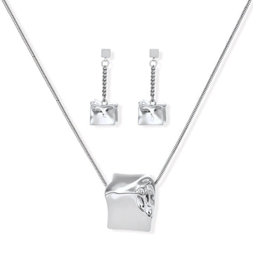 Geometric jewelry set with textured cube pendants on chains, featuring eco-zinc alloy in silver and gold finishes.